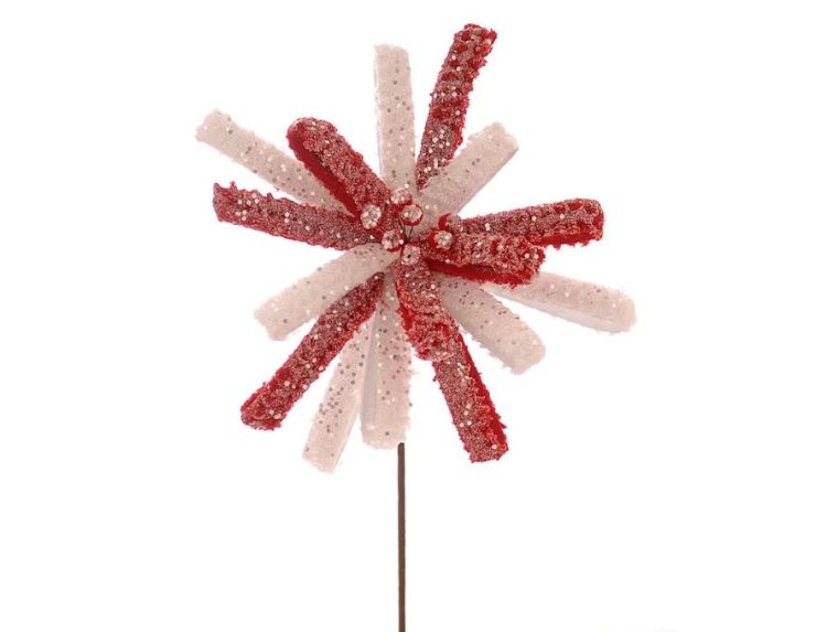 Branche fleur H45cm composée de rubans sequins rouge et blanc en étoile, cœur perles, sur tige métallique