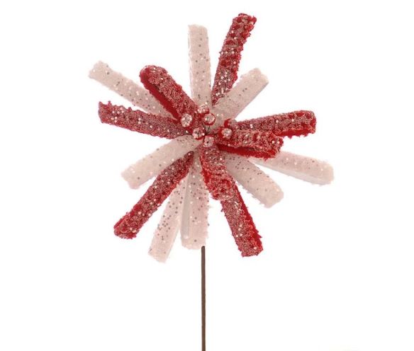 Branche fleur H45cm composée de rubans sequins rouge et blanc en étoile, cœur perles, sur tige métallique