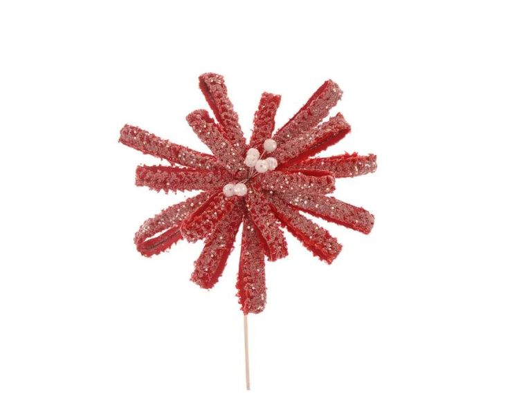 Branche fleur rubans sequins rouge Ø28cm H45cm en étoile, cœur perles blanches, sur tige métallique