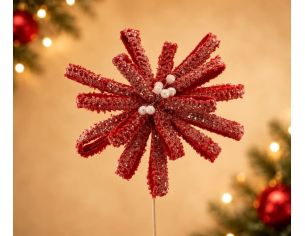 Branche fleur rubans sequins rouge Ø28cm H45cm en étoile, cœur perles blanches, sur tige métallique