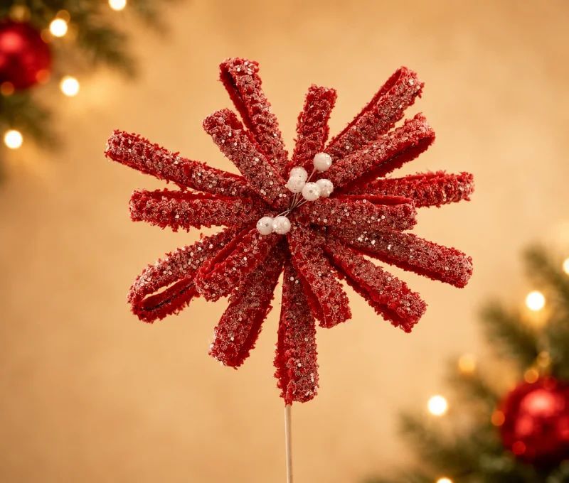 Branche fleur rubans sequins rouge Ø28cm H45cm en étoile, cœur perles blanches, sur tige métallique