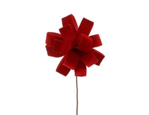 Branche fleur nœud velours rouge Ø20cm H45cm, rubans velours enroulés formant une rosace, tige métallique