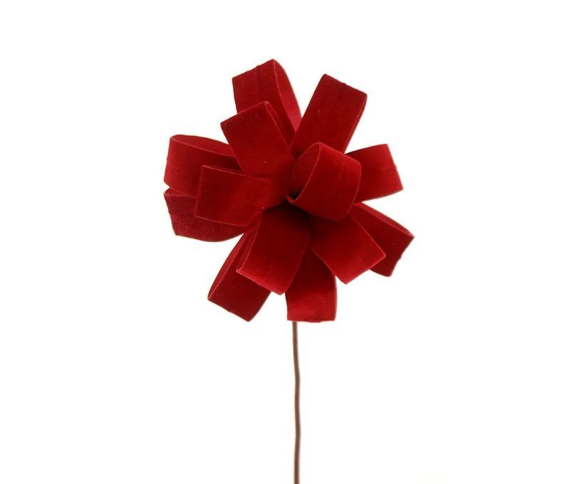 Branche fleur nœud velours rouge Ø20cm H45cm, rubans velours enroulés formant une rosace, tige métallique