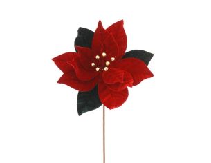 Fleur Poinsettia Ø25cm, pétales velours rouge nervurés, feuilles velours vert sapin, cœur perles dorées