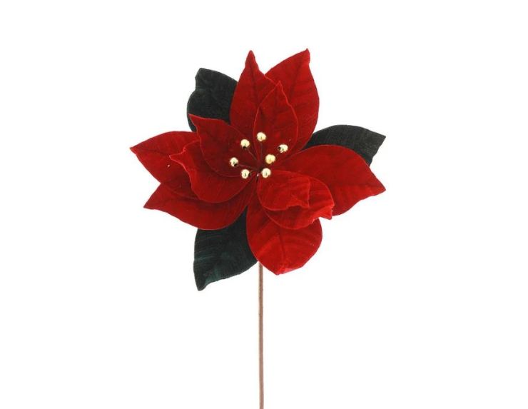 Fleur Poinsettia Ø25cm, pétales velours rouge nervurés, feuilles velours vert sapin, cœur perles dorées