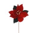 Voir la slide Fleur Poinsettia Ø25cm, pétales velours rouge nervurés, feuilles velours vert sapin, cœur perles dorées