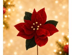 Fleur Poinsettia Ø25cm, pétales velours rouge nervurés, feuilles velours vert sapin, cœur perles dorées