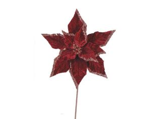 Fleur Poinsettia velours bordeaux H50cm, pétales nervurés aux bords pailletés bordeaux, sur tige métallique