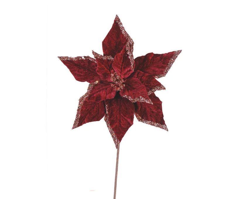 Fleur Poinsettia velours bordeaux H50cm, pétales nervurés aux bords pailletés bordeaux, sur tige métallique