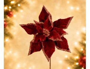 Fleur Poinsettia velours bordeaux H50cm, pétales nervurés aux bords pailletés bordeaux, sur tige métallique