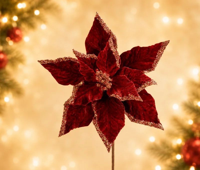 Fleur Poinsettia velours bordeaux H50cm, pétales nervurés aux bords pailletés bordeaux, sur tige métallique