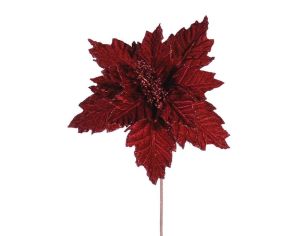 Fleur Poinsettia velours rouge H30cm entièrement pailletée, pétales et bords nervurés recouverts de paillettes rouges