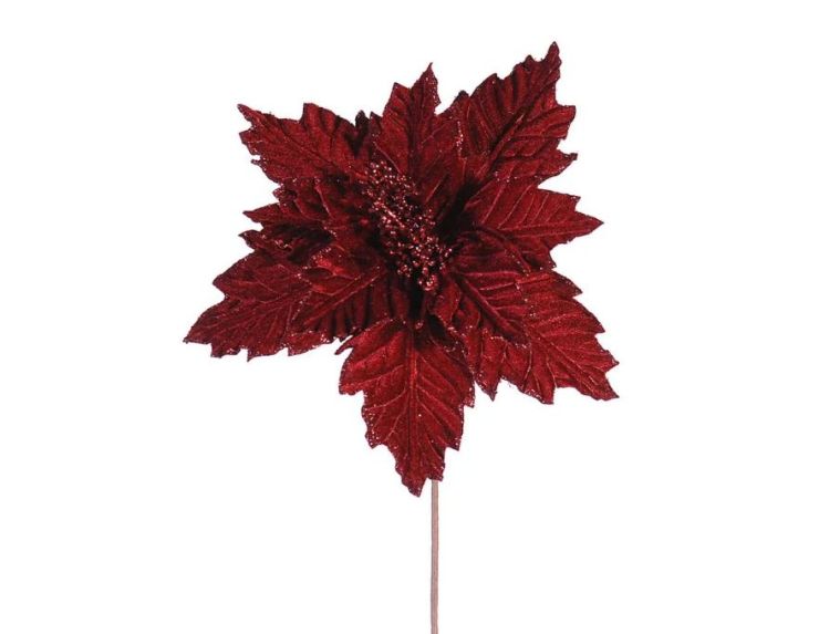 Fleur Poinsettia velours rouge H30cm entièrement pailletée, pétales et bords nervurés recouverts de paillettes rouges