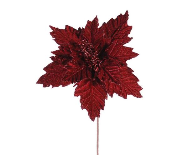 Fleur Poinsettia velours rouge H30cm entièrement pailletée, pétales et bords nervurés recouverts de paillettes rouges