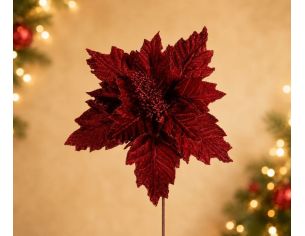 Fleur Poinsettia velours rouge H30cm entièrement pailletée, pétales et bords nervurés recouverts de paillettes rouges