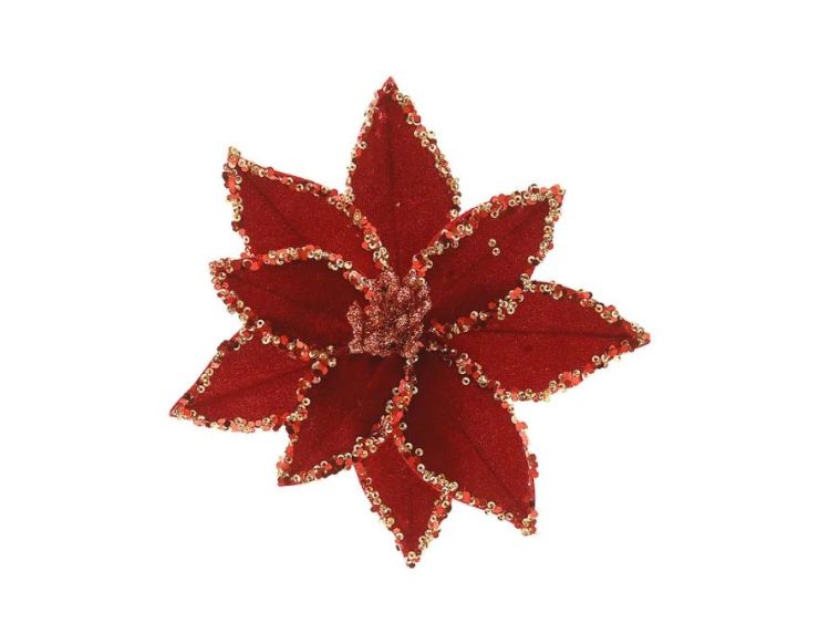 Fleur de Noël rouge pailletée avec clip pour décoration sapin de Noël diamètre 20cm