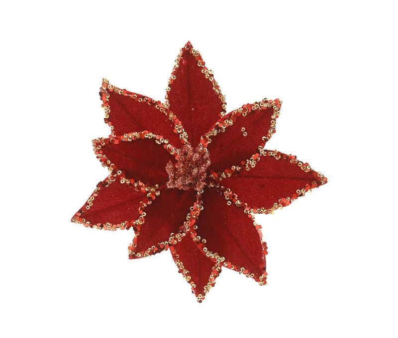 Fleur de Noël rouge pailletée avec clip pour décoration sapin de Noël diamètre 20cm