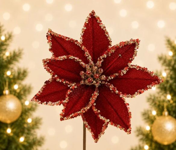 Fleur de Noël rouge pailletée avec clip pour décoration sapin de Noël diamètre 20cm