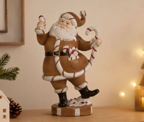 Figurine Père Noël pain d’épices en résine H20cm, costume marron caramel et détails blanc crème