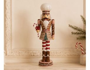 Figurine casse-noisette Ferdinand H46cm, costume pain d’épices brun rouge et blanc, toque blanche, canne de sucre