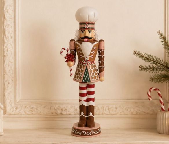 Figurine casse-noisette Ferdinand H46cm, costume pain d’épices brun rouge et blanc, toque blanche, canne de sucre