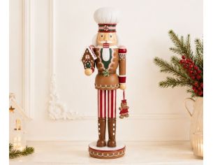 Figurine casse-noisette Théodore H46cm, costume pain d’épices brun rouge et blanc, maison de pain d’épices, rouleau
