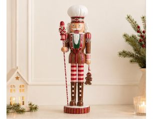Figurine casse-noisette Alphonse H46cm en résine, tenue rouge rose et verte, toque, sucre d’orge, pain d’épices