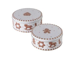 Set 2 boîtes rondes en métal blanc et brun, motifs pain d’épices Noël, Ø18 et Ø16cm