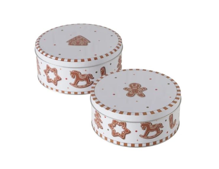 Set 2 boîtes rondes en métal blanc et brun, motifs pain d’épices Noël, Ø18 et Ø16cm