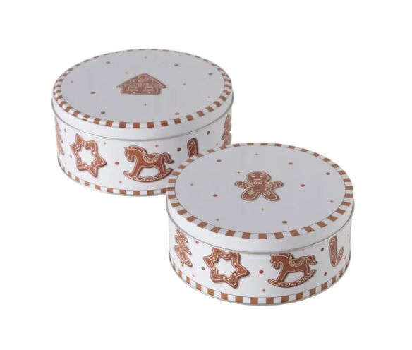 Set 2 boîtes rondes en métal blanc et brun, motifs pain d’épices Noël, Ø18 et Ø16cm