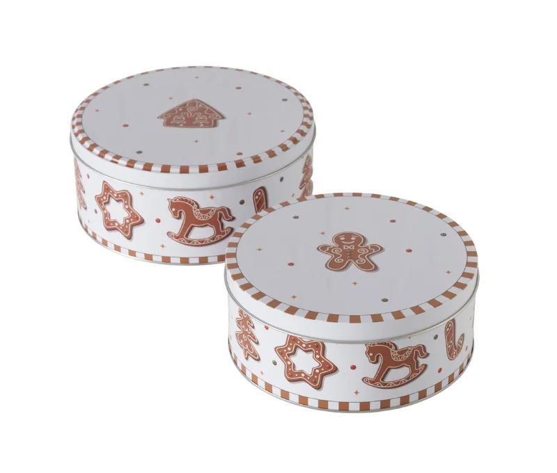 Set 2 boîtes rondes en métal blanc et brun, motifs pain d’épices Noël, Ø18 et Ø16cm