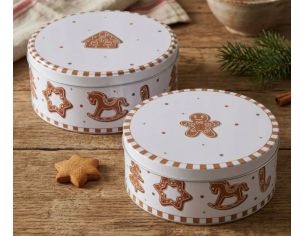 Set 2 boîtes rondes en métal blanc et brun, motifs pain d’épices Noël, Ø18 et Ø16cm