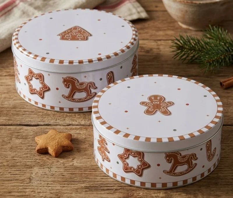 Set 2 boîtes rondes en métal blanc et brun, motifs pain d’épices Noël, Ø18 et Ø16cm