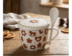 Mug jumbo 600ml en porcelaine blanche motifs pain d’épices Noël, avec couvercle et cuillère blanche