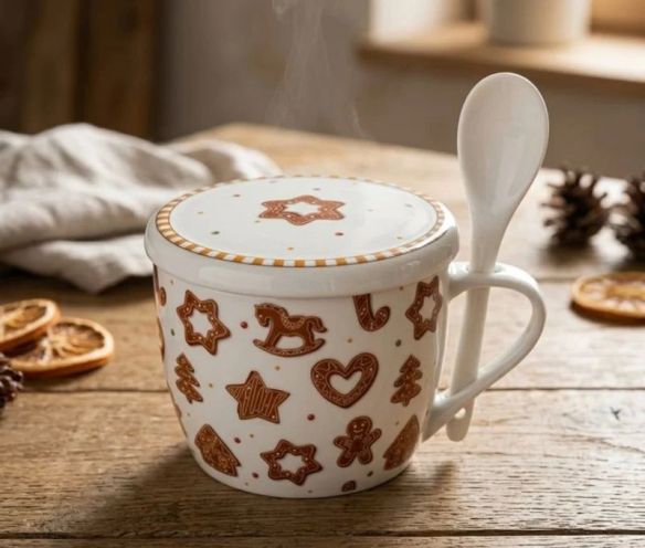 Mug jumbo 600ml en porcelaine blanche motifs pain d’épices Noël, avec couvercle et cuillère blanche