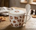 Voir la slide Mug jumbo 600ml en porcelaine blanche motifs pain d’épices Noël, avec couvercle et cuillère blanche