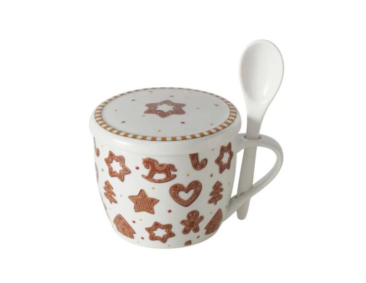Mug jumbo 600ml en porcelaine blanche motifs pain d’épices Noël, avec couvercle et cuillère blanche