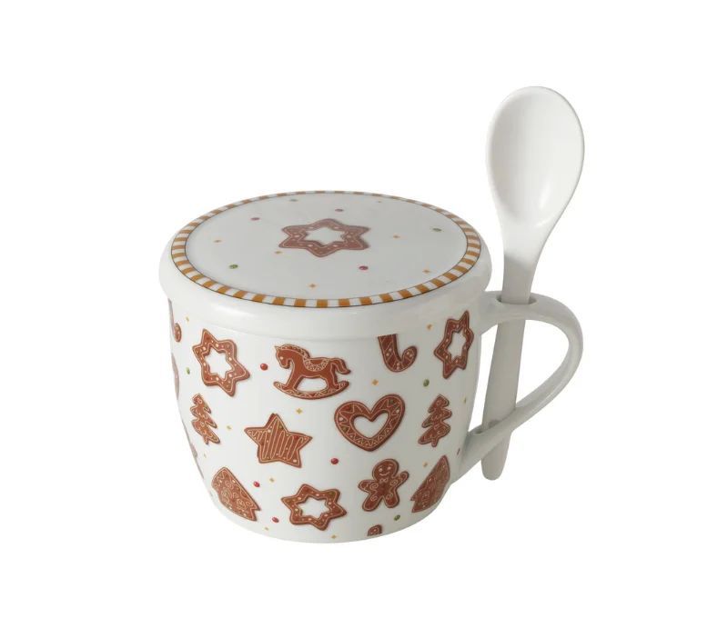 Mug jumbo 600ml en porcelaine blanche motifs pain d’épices Noël, avec couvercle et cuillère blanche