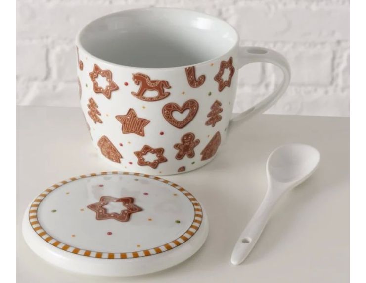 Mug jumbo 600ml en porcelaine blanche motifs pain d’épices Noël, avec couvercle et cuillère blanche