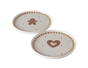 Assiette en céramique blanche Ø20,5cm motifs pain d’épices Noël, bonhomme ou cœur, bord rayé brun