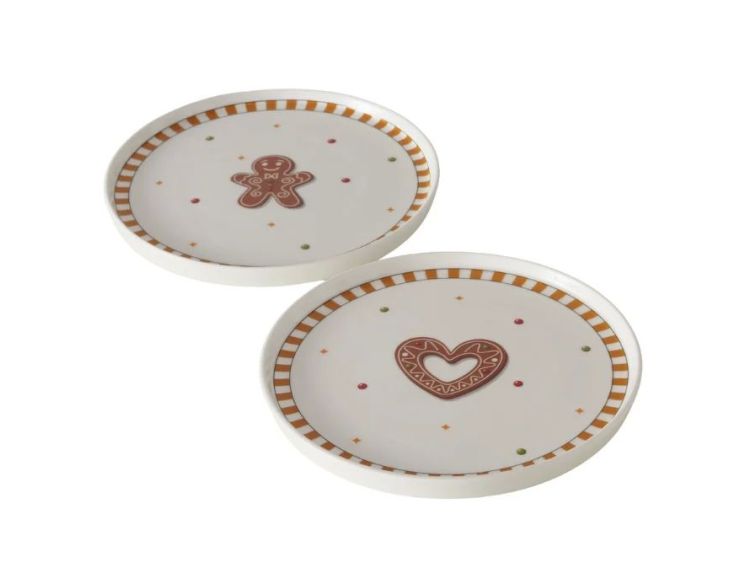Assiette en céramique blanche Ø20,5cm motifs pain d’épices Noël, bonhomme ou cœur, bord rayé brun