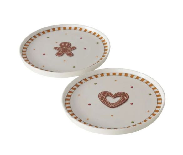 Assiette en céramique blanche Ø20,5cm motifs pain d’épices Noël, bonhomme ou cœur, bord rayé brun