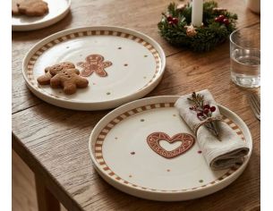 Assiette en céramique blanche Ø20,5cm motifs pain d’épices Noël, bonhomme ou cœur, bord rayé brun