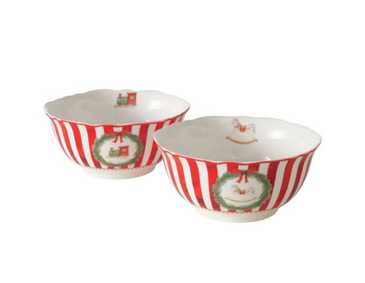 Set 2 bols en porcelaine 500ml, rayures rouge et blanc, motifs Noël train et cheval à bascule en couronne