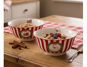 Set 2 bols en porcelaine 500ml, rayures rouge et blanc, motifs Noël train et cheval à bascule en couronne
