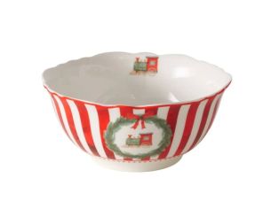Set 2 bols en porcelaine 500ml, rayures rouge et blanc, motifs Noël train et cheval à bascule en couronne