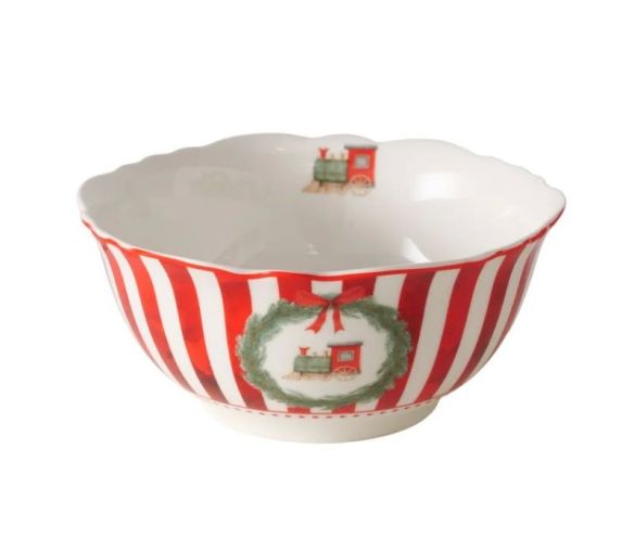 Set 2 bols en porcelaine 500ml, rayures rouge et blanc, motifs Noël train et cheval à bascule en couronne