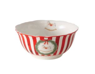 Set 2 bols en porcelaine 500ml, rayures rouge et blanc, motifs Noël train et cheval à bascule en couronne