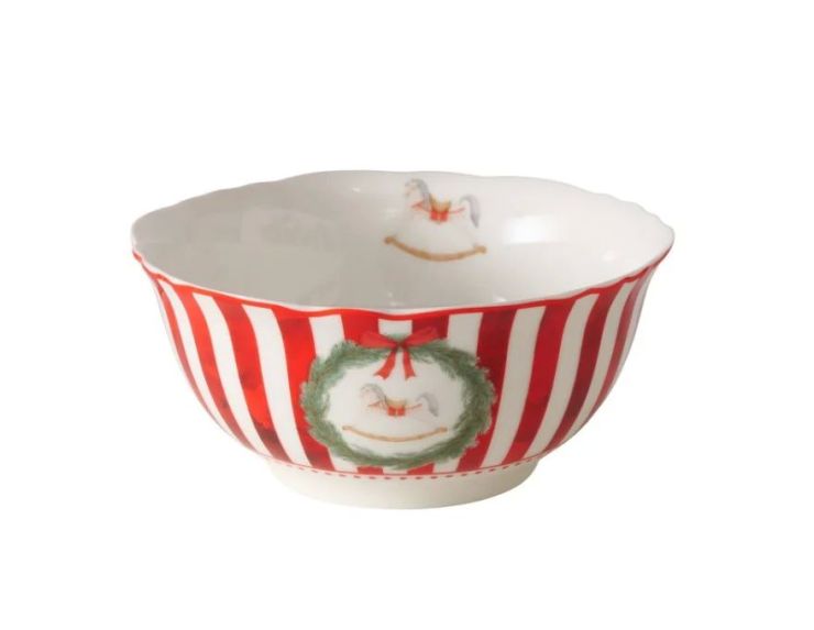 Set 2 bols en porcelaine 500ml, rayures rouge et blanc, motifs Noël train et cheval à bascule en couronne