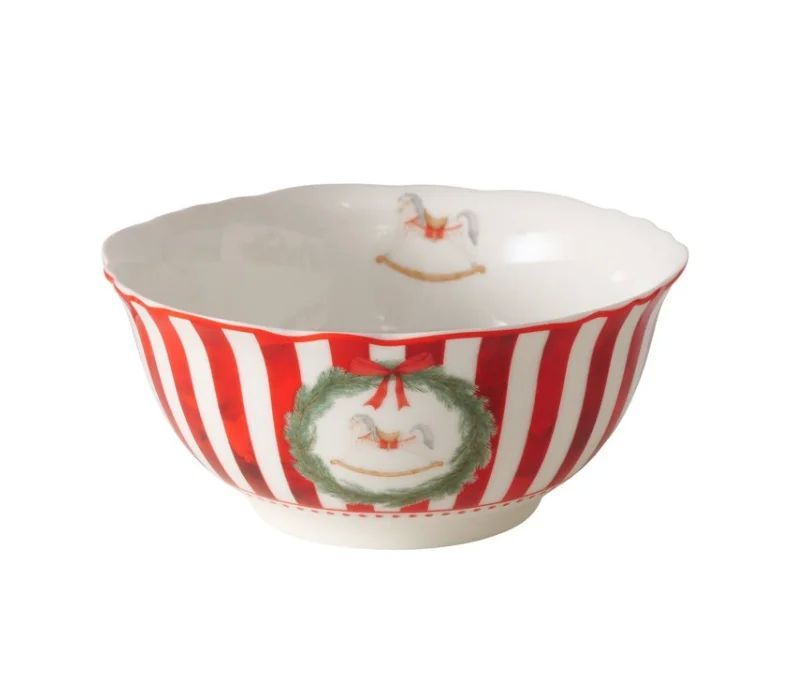 Set 2 bols en porcelaine 500ml, rayures rouge et blanc, motifs Noël train et cheval à bascule en couronne